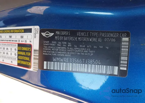 2006 Mini Cooper S z USA, uszkodzony, nr VIN WMWRE33566TJ38504